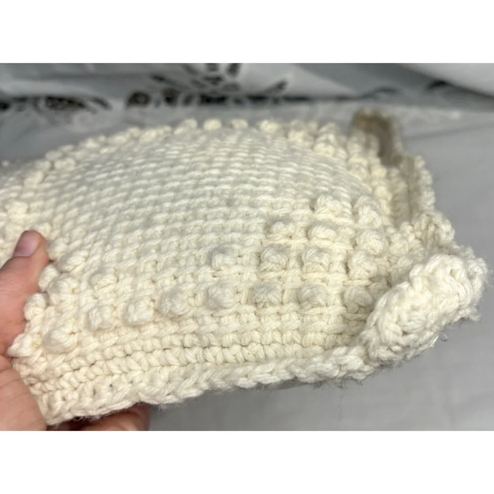 Vintage‎ Handmade Crochet Bobble Pillow Cream Wool Yarn Square Cushion 12